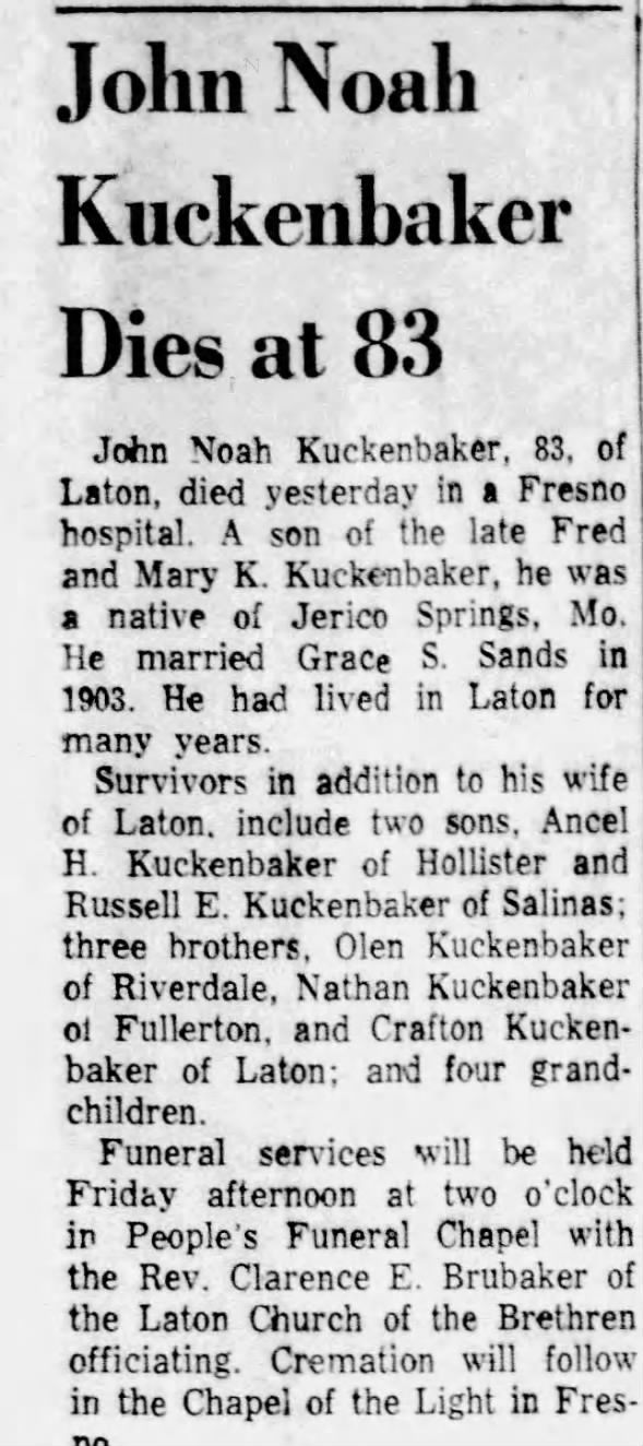 Obituary for John Noah Kuckenhaker (Aged 83)